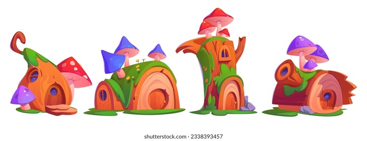 Fairytale forest house building cartoon vector set. Isolated little fantasy tree home with mushroom on roof for magic village with grass. Small wooden elf cottage exterior for children fairy tale.