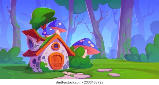 Fairytale forest house cartoon vector background. Fantasy magic countryside hut nature landscape with mushroom on roof. Summer park in fantacy woodland with fairy tale old building between trees.