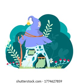 fairy-tale forest house made of an old hat. Children's coloring book. Vector