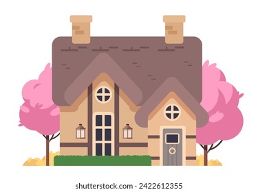 Fairytale forest house on isolated background. Fantasy flat vector illustration