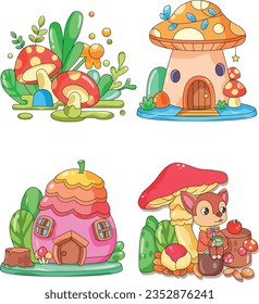 Fairytale forest houses, cartoon vector set. Isolated small fantasy mushroom house; apples magical village with grass. Little wooden elf house outside for a children's fairy tale