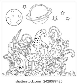 Märchenwald mit Zauberpilzen und psychedelischen Pflanzen unter dem Sternenhimmel. Bild zum Färben. Vektorgrafik