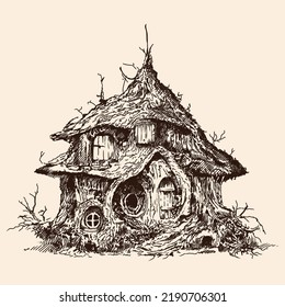 Fairy-tale forest wooden house of gnomes and goblin with a thatched roof. Freehand pencil sketch isolated on beige background.