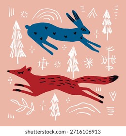 Fairytale fox and hare modern leaping ornate nursery animals against pink snowflakes and trees winter background. Rustic Scandinavian naive print for interior, clothing and other. Scandi pastel colors