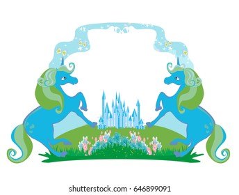Fairytale frame with magic castle and unicorns