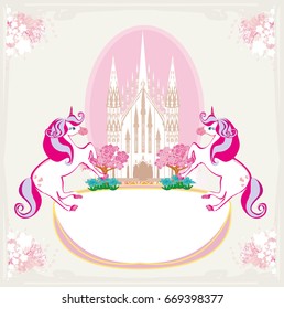 Marco de cuento de hadas con castillo mágico y unicornios 