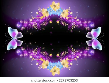 Fairytale frame with magical transparent butterflies and flowers against the background of the starry night sky. Abstract fantastic background.