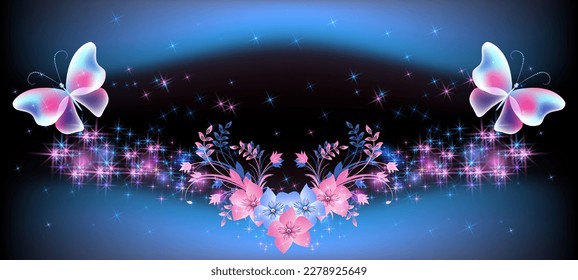 Fairytale frame with magical transparent butterflies and flowers against the background of the starry night sky. Abstract fantastic background.