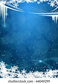 Fairytale frosty background with snow flakes and icicles. Winter card design suitable as a christmas greetings.