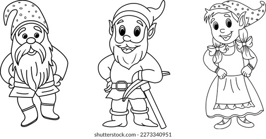 Fairytale Funny Gnomes for Coloring Pages. Vector Cartoon Illustration Cute Gnomes, Gnome Miner, Gnome Girl