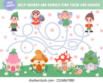 Fairytale game labyrinth, kids logic puzzle with cartoon characters. Maze for preschool children with fairy and gnome find house vector page. Illustration of fairytale game, maze and labyrinth