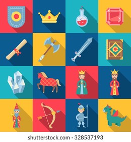 Fairytale game set with shield sword crown gems isolated vector illustration