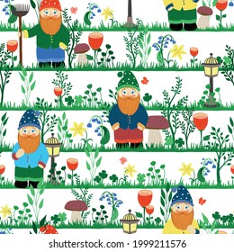 Fairytale garden gnome in a cap, with a rake. seamless vector pattern. colorful, bright flower illustration