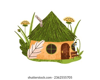 Casa de jardín de cuento de hadas. Casa boscosa de fantasía. Pequeño y elegante gnomo lindo, habitado en la naturaleza entre flores, plantas de hojas. Edificio de cola de hadas. Ilustración vectorial gráfica plana aislada en fondo blanco