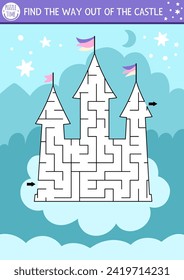 Fairytale geometrical maze for kids. Preschool printable activity shaped as unicorn castle on cloud and night sky background with stars and moon. Magic or fantasy labyrinth game puzzle
