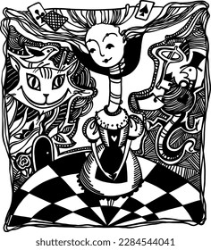 
Fairytale girl Alice surrounded by a cat, a key, a lizard in a hat, playing cards in the hall of wonderland. Hand drawn vector illustration