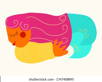 Fairytale girl Goldilocks stylized image on a light background. Tanned skin. Vector, illustration. Vector design Beautiful light. Beauty portrait. Girl with beautiful pink hair.