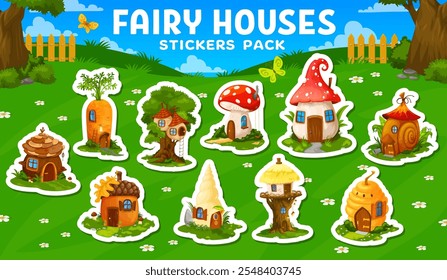 Conto de fadas gnome e elfo casa edifícios autocolantes conjunto de pacote, fundo do vetor da aldeia da floresta de fadas. Cartoon bonito casas de árvore de gnomo, cogumelo, cenoura, milho e caracol concha casa edifícios adesivos conjunto