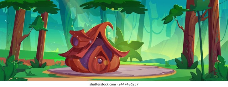 Fairytale gnome house in summer forest. Vector cartoon illustration of small wooden hut with rounds door and window on woodland glade with green grass and old tall trees, fantasy dwarf game scenery