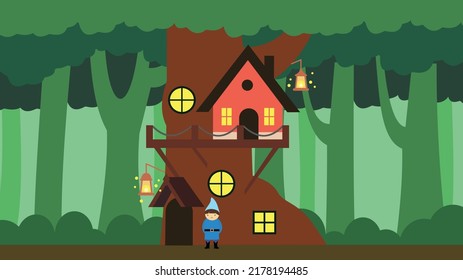 Fairytale gnome stands near a house in a tree in the forest