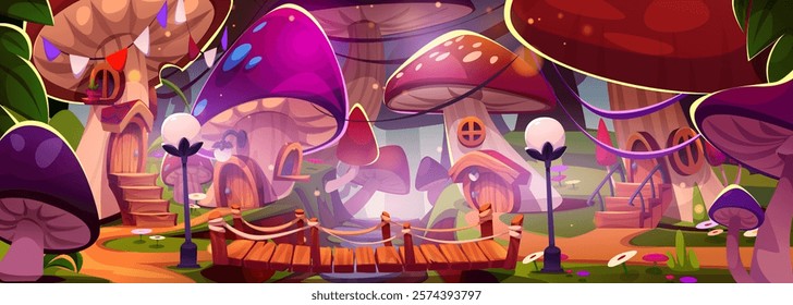 Fairytale gnome village in forest. Vector cartoon illustration of mushroom houses, wooden bridge and lanterns, flowers on green grass in fantasy woods, magic elf town, enchanted scenery, game design