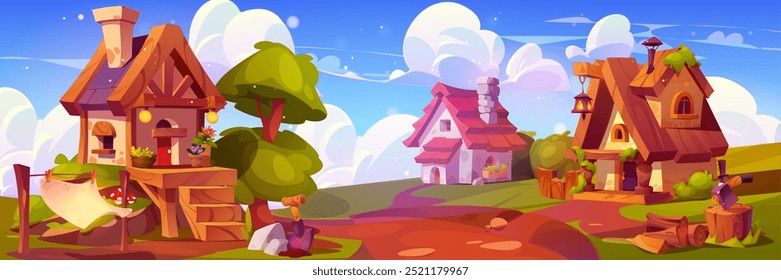 Casas de pueblo gnomo de cuento de hadas. Ilustración de dibujos animados de Vector de lindas cabañas Pequeñas con escaleras de madera y chimeneas en techos, lavandería y hacha de leña en el patio, sendero en verde prado de verano, casas enanas