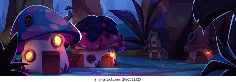 Fairytale gnome village street in night forest. Vector cartoon illustration of dark woodland with fantasy mushroom houses, warm light in round windows, chimneys on roofs, elf huts in midnight garden