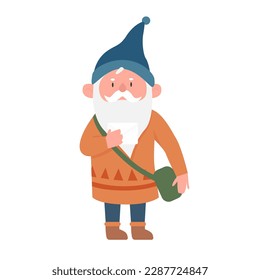 Fairytale gnome working as postman. Dwarf with letter, magic character vector illustration
