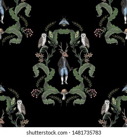 
Fairytale graphic seamless pattern with forest animals and flowers.
