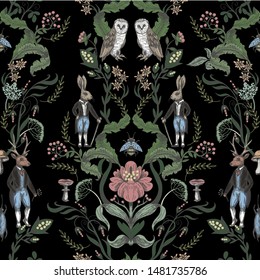 
Fairytale graphic seamless pattern with forest animals and flowers.