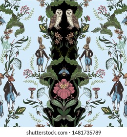 
Fairytale Graphic Seamless Pattern With Forest Animals And Flowers.