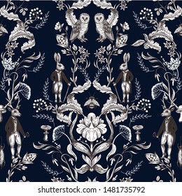 
Fairytale Graphic Seamless Pattern With Forest Animals And Flowers.