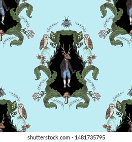 
Fairytale graphic seamless pattern with forest animals and flowers.