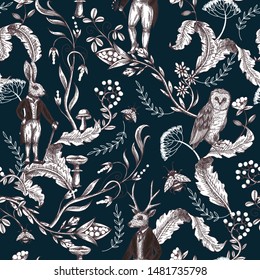 
Fairytale graphic seamless pattern with forest animals and flowers.