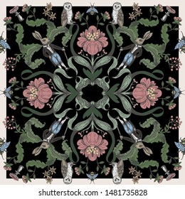 
Fairytale graphic seamless pattern with forest animals and flowers.