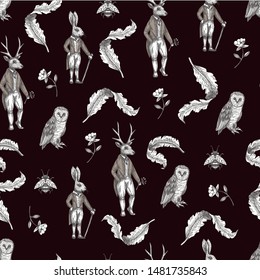 
Fairytale graphic seamless pattern with forest animals and flowers.