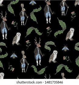
Fairytale graphic seamless pattern with forest animals and flowers.