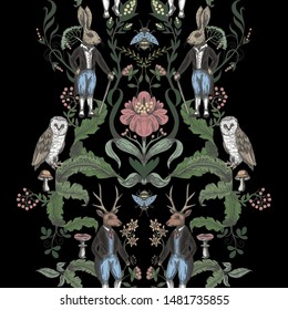 
Fairytale graphic seamless pattern with forest animals and flowers.