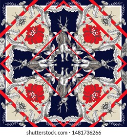 
Fairytale graphic seamless pattern with forest animals and flowers.