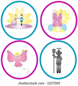 Fairytale graphics including prince and princess, castle, knight and fairy. Graphics are in easily editable and scalable vector format.