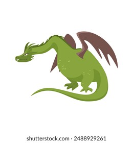 Fairytale green dragon of medieval kingdom, magic creature with tail and wings vector illustration