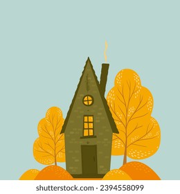 fairytale green house with autumn trees. house in nature