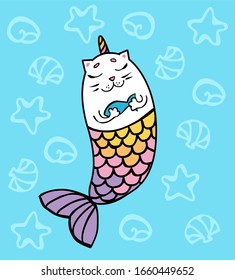 Fairytale hero - mermaid unicorn cat, vector illustration on a blue background. Children's print.