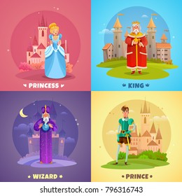 Fairytale heroes 2x2 design concept set of princess king prince wizard cartoon characters vector illustration  