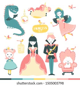 Fairy-tale heroes set. A magical story with a princess, a prince, a fairy, a dragon, a unicorn, etc. Vector illustration of cute children characters in a simple Scandinavian style hand-drawn.