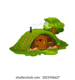 Fairytale hobbit or dwarf house, vector home under green hill. Fairy dwelling with round wooden door, flowers under window and steaming pipe. fantasy Gnome cute cartoon building in mound with grass