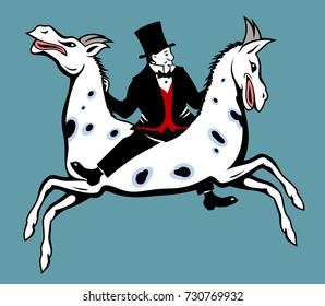 A fairy-tale horse with two heads with a thick uncle in a business suit on his back