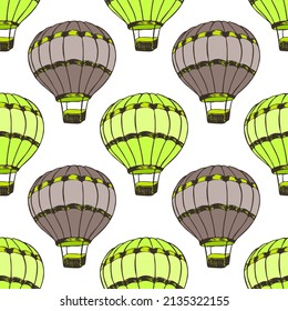 Fairytale hot air balloons  illustration vector seamless patter. Retro transportation aircraft vehicles. Summer leisure objects. Hot air balloons freedom symbols. Sky voyage objects.