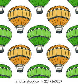 Fairytale hot air balloons  illustration vector seamless patter. Vintage transportation aircraft vehicles. Summer leisure objects. Hot air balloons adventure symbols. Sky trip objects.