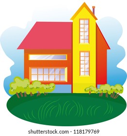 fairy-tale house among trees with walk path vector illustration